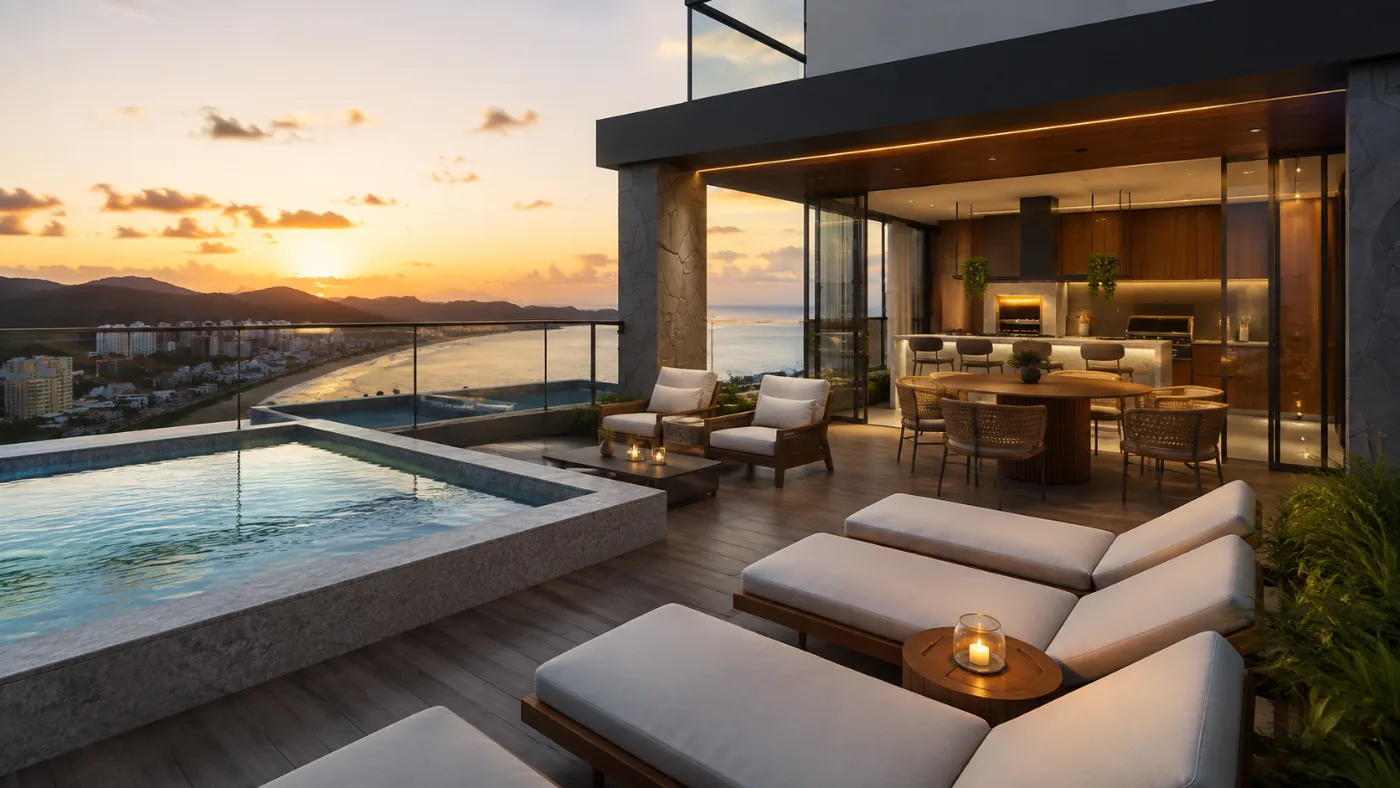 Terraço com piscina e vista para a Praia Brava